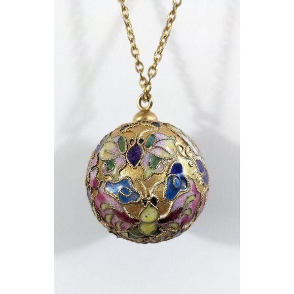 Large Globe Ball Butterfly Design Cloisonne Pendant Necklace - Picture 7 of 16